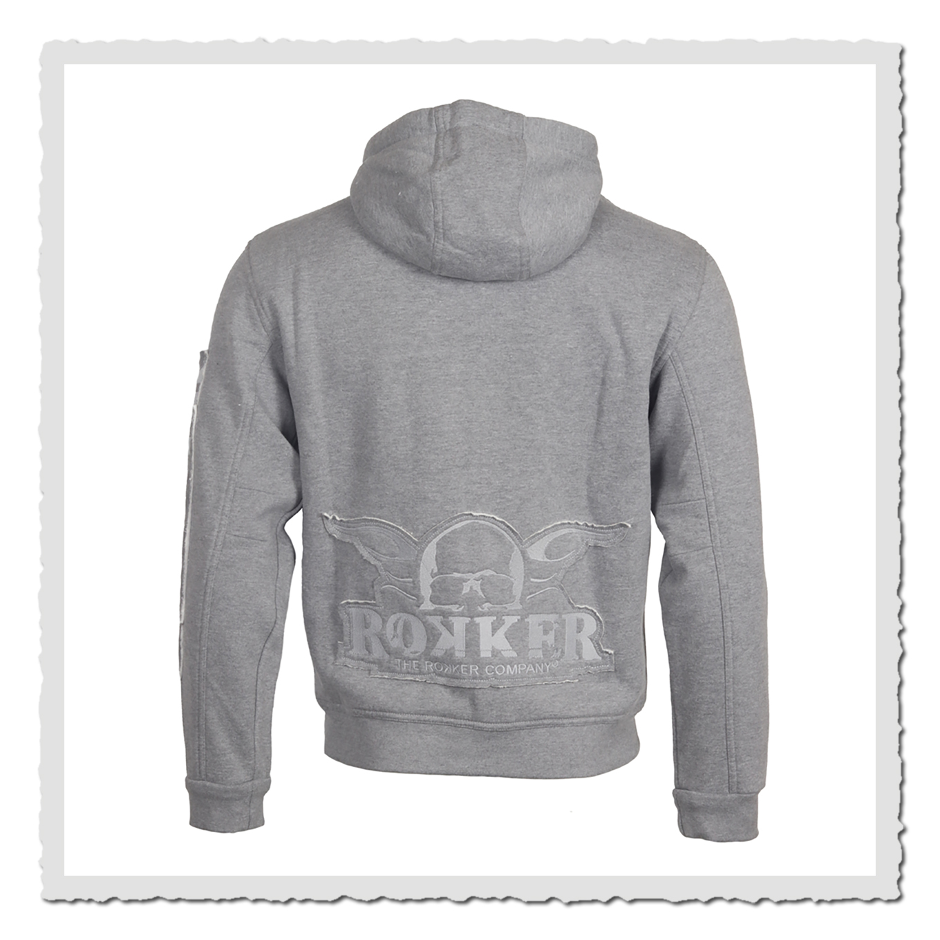 Hellgrauer Zip Hoodie in Rückansicht, freigestellt vor hellem Hintergrund mit aufgesetzter Kapuze.